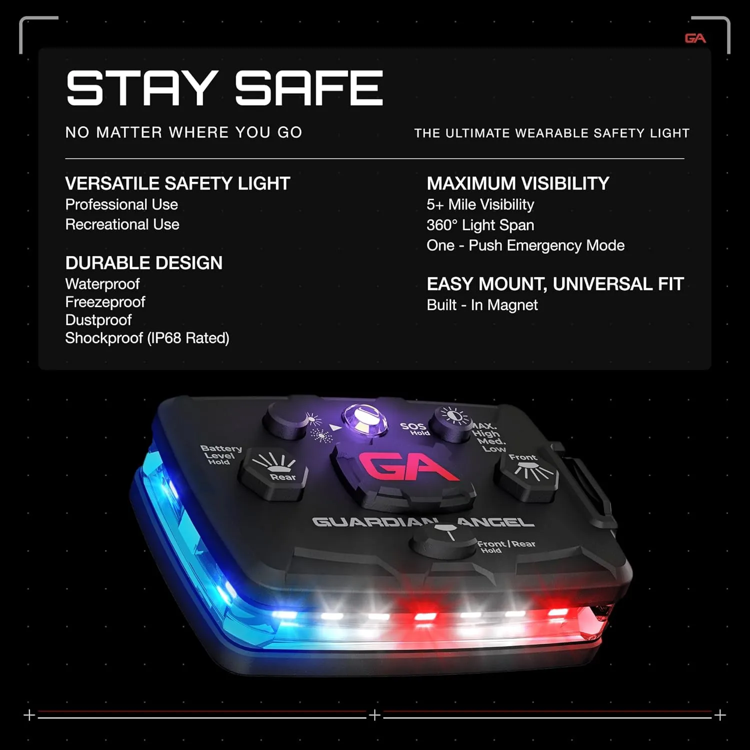 Guardian Angel Elite Series Safety Light, Infrared-Hybrid (Red/Blue/White Front & Red/Blue Rear) - Rechargeable, Magnetic, Hands-Free Wearable Flashlight for Law Enforcement, First Responders & Fire