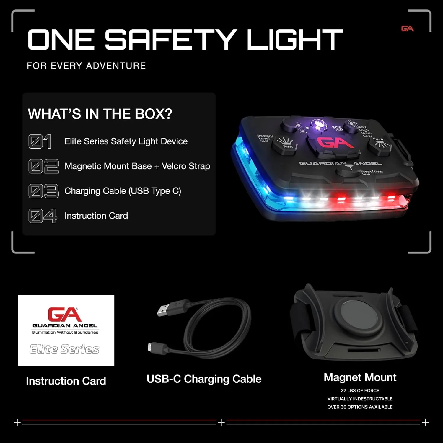 Guardian Angel Elite Series Safety Light, Infrared-Hybrid (Red/Blue/White Front & Red/Blue Rear) - Rechargeable, Magnetic, Hands-Free Wearable Flashlight for Law Enforcement, First Responders & Fire