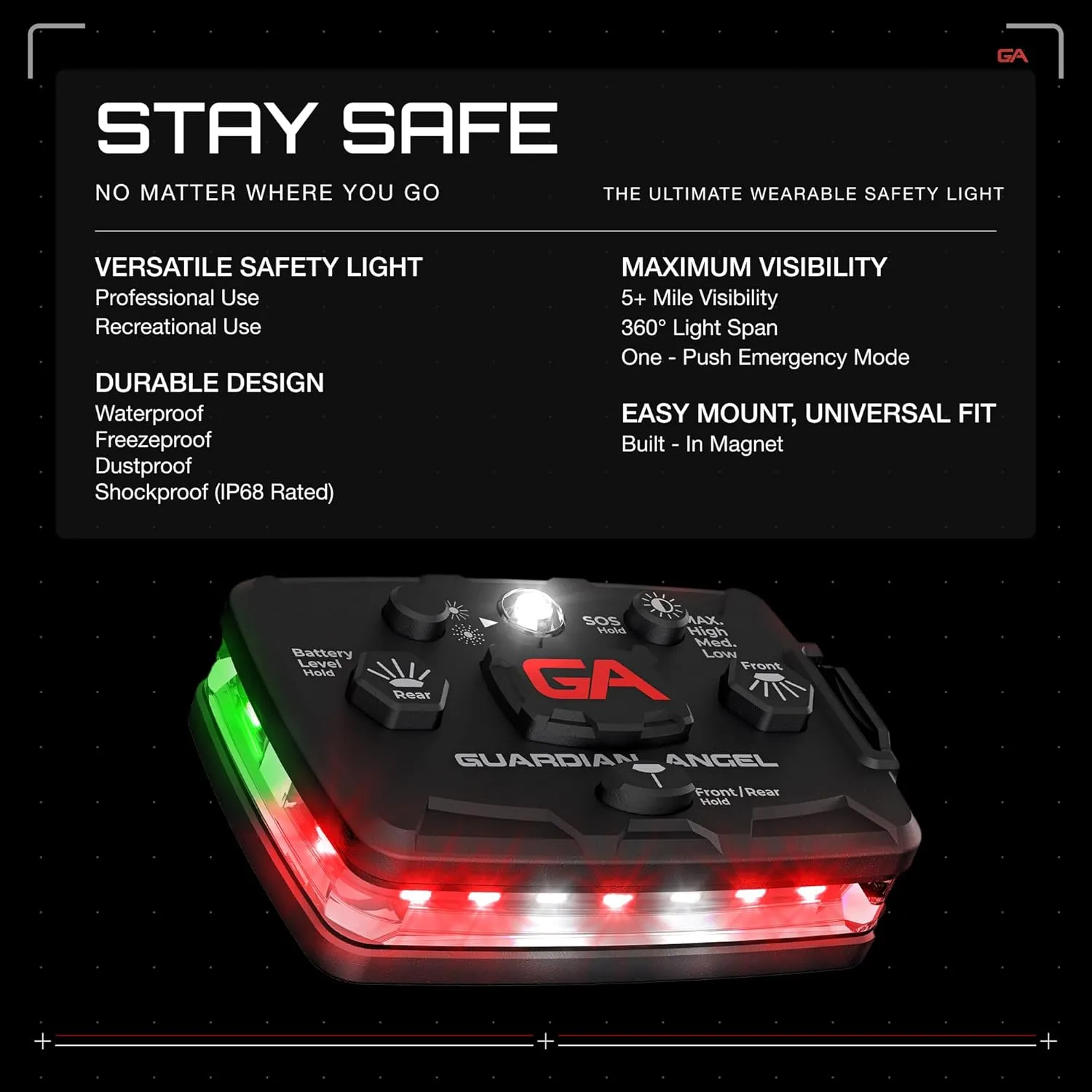 Guardian Angel Elite Series Safety Light (Red Front & Green Rear) - Rechargeable, Magnetic, Hands-Free Wearable/Mountable LED Light for Fire, Roadside, Security, Wireless Boat Navigation
