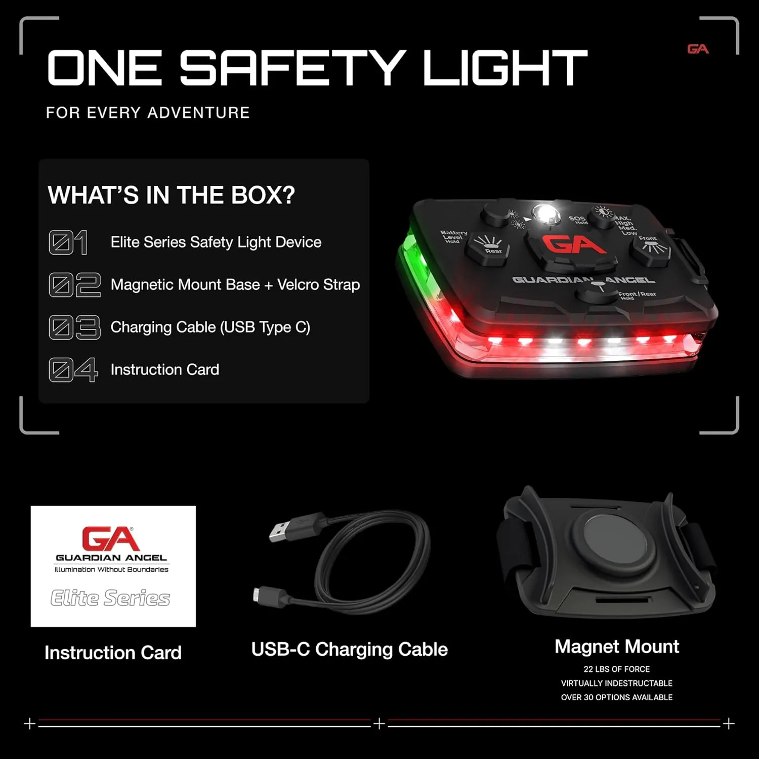 Guardian Angel Elite Series Safety Light (Red Front & Green Rear) - Rechargeable, Magnetic, Hands-Free Wearable/Mountable LED Light for Fire, Roadside, Security, Wireless Boat Navigation