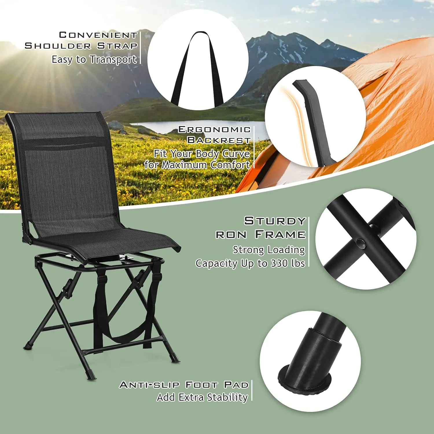 GYMAX Hunting Chair, 360 Degree Swivel Hunting Blind Chair with Carry Handle, 330 lbs Capacity, Comfortable, Waterproof, Portable and Silent Folding Dove Hunting Chair for Blinds