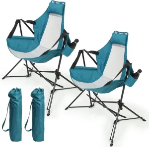 Hammock Camping Chair Portable Rocking Chair with Adjustable Back and Cup Holder, Blue, Set of 2