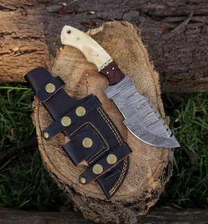 Handmade Damascus Tracker Knife with Bone Handle - Survival Knife - Camping Knife - Damascus Steel Knife - Damascus Hunting Knife with Sheath Horizontal Carry Fixed Blade Knife (BONE)