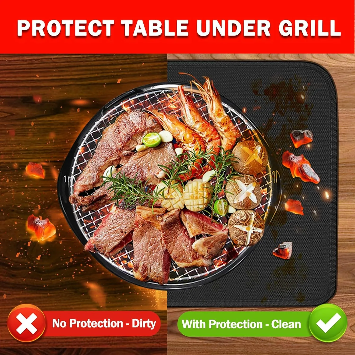 Heat Resistant Mat for Outdoor Grill Table (1mm thick), 24 x 31in Fireproof Grill Mats Under Outside Tabletop Protect Prep Table, Fire Resistance & Waterproof & Oilproof BBQ Barbecue Mat, Black