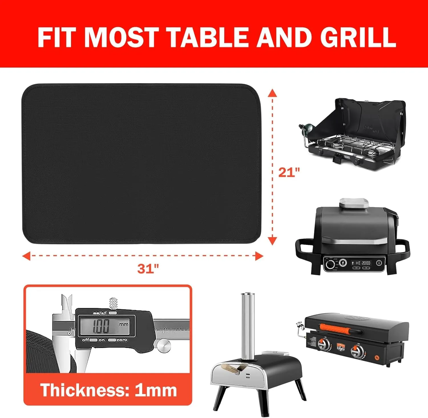 Heat Resistant Mat for Outdoor Grill Table (1mm thick), 24 x 31in Fireproof Grill Mats Under Outside Tabletop Protect Prep Table, Fire Resistance & Waterproof & Oilproof BBQ Barbecue Mat, Black