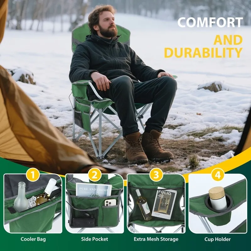 Heated Portable Camping Chair with Power Bank, Cooler Bag, Foldable Outdoor Sports Seat with Carry Handle (Green & Gray)