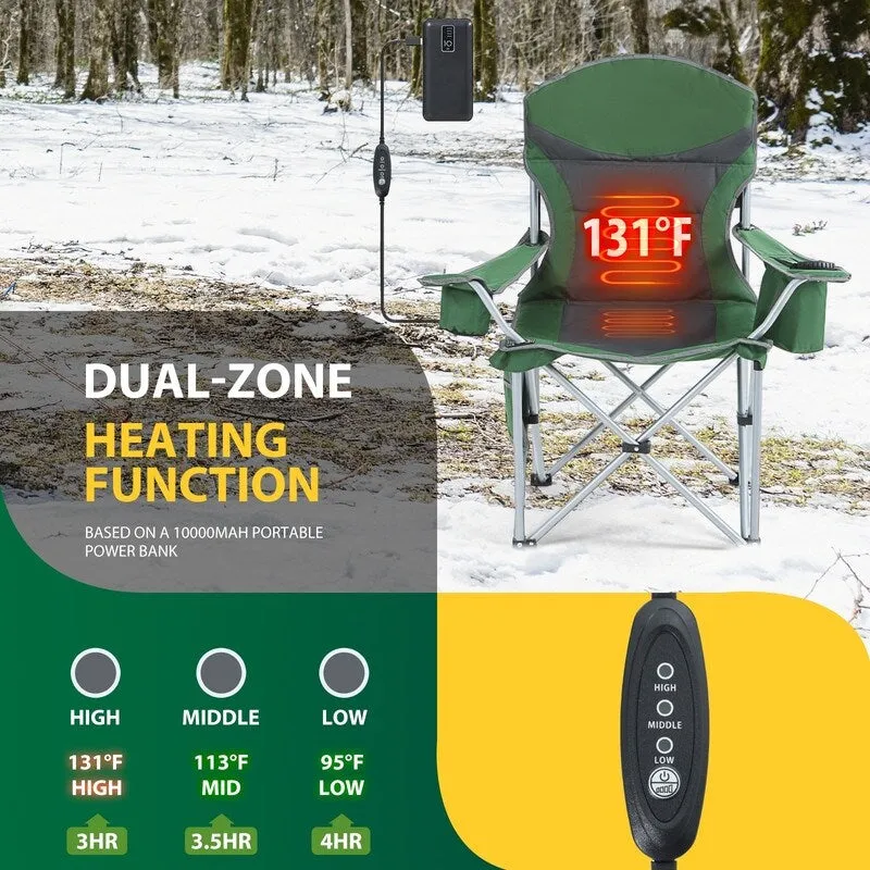 Heated Portable Camping Chair with Power Bank, Cooler Bag, Foldable Outdoor Sports Seat with Carry Handle (Green & Gray)