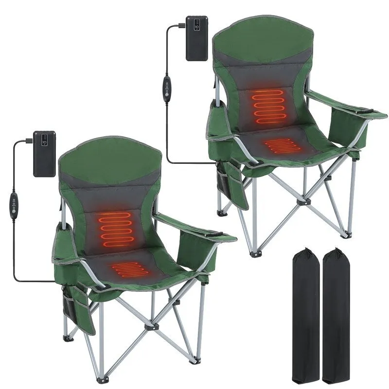 Heated Portable Camping Chair with Power Bank, Cooler Bag, Foldable Outdoor Sports Seat with Carry Handle (Green & Gray)