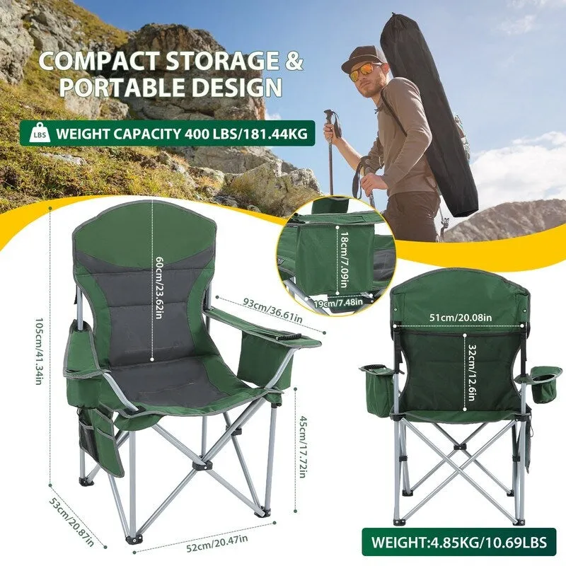 Heated Portable Camping Chair with Power Bank, Cooler Bag, Foldable Outdoor Sports Seat with Carry Handle (Green & Gray)
