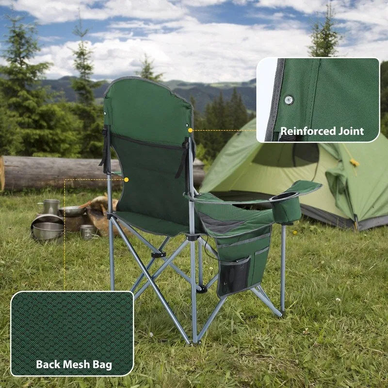 Heated Portable Camping Chair with Power Bank, Cooler Bag, Foldable Outdoor Sports Seat with Carry Handle (Green & Gray)