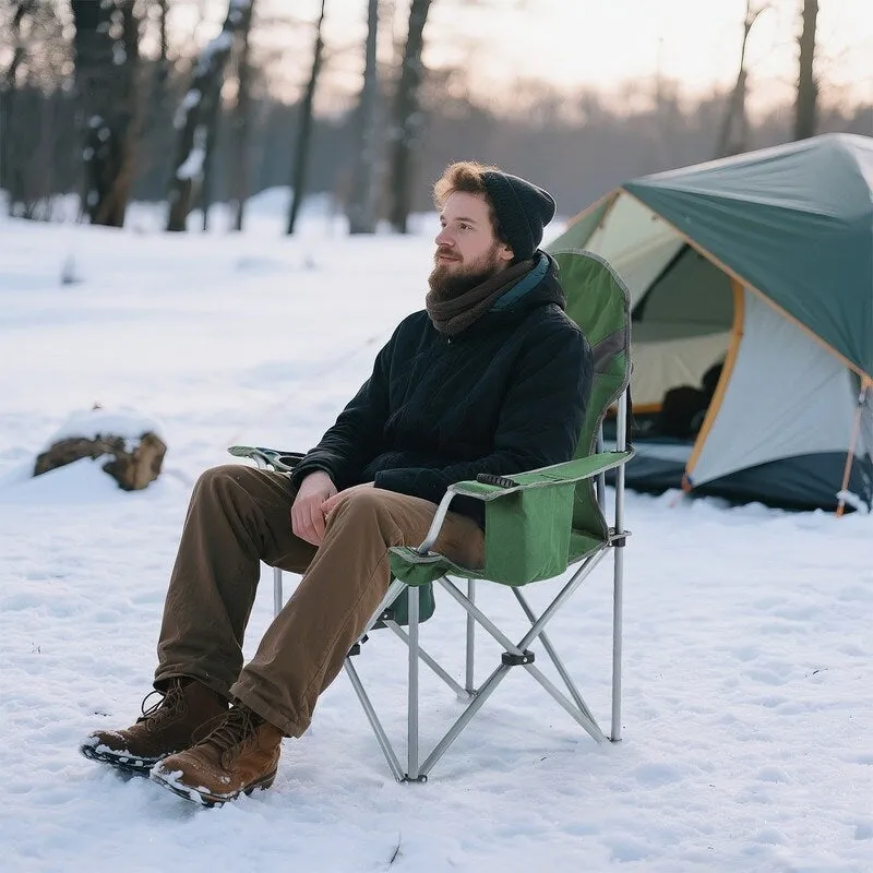 Heated Portable Camping Chair with Power Bank, Cooler Bag, Foldable Outdoor Sports Seat with Carry Handle (Green & Gray)