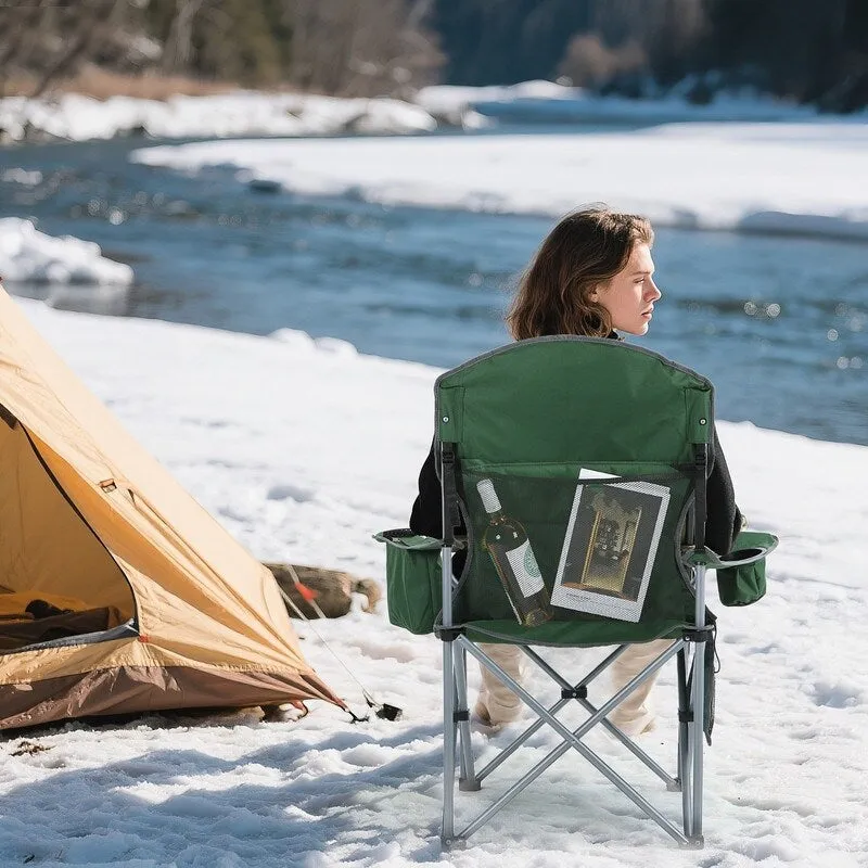 Heated Portable Camping Chair with Power Bank, Cooler Bag, Foldable Outdoor Sports Seat with Carry Handle (Green & Gray)