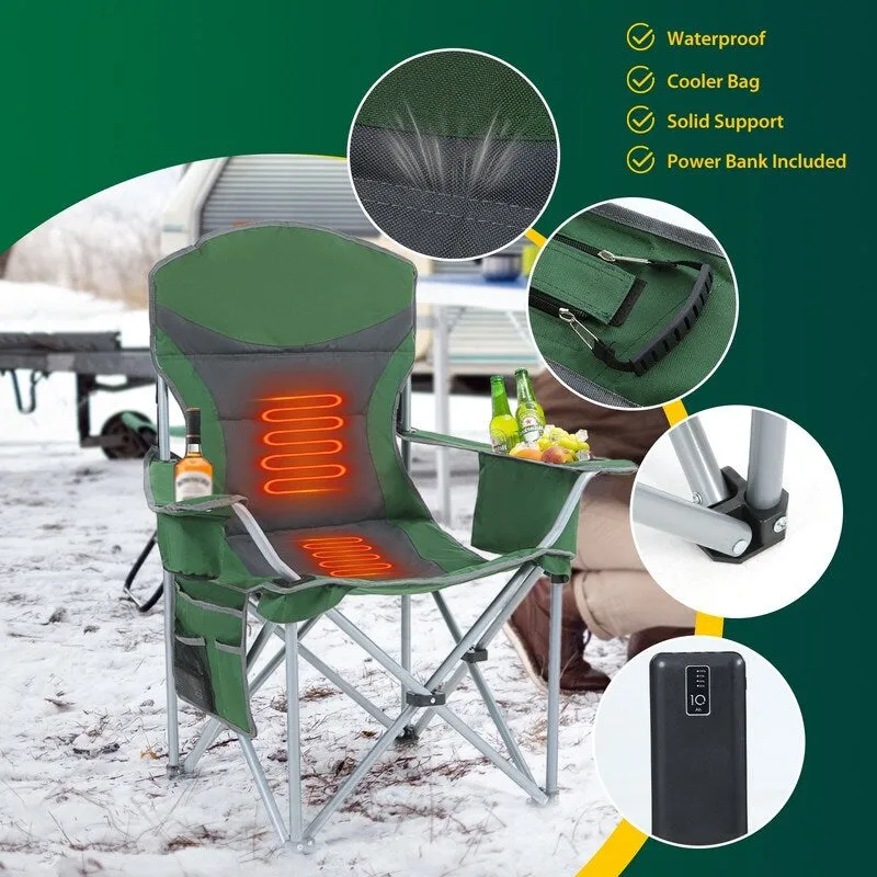 Heated Portable Camping Chair with Power Bank, Cooler Bag, Foldable Outdoor Sports Seat with Carry Handle (Green & Gray)
