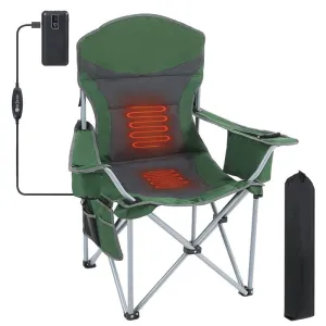 Heated Portable Camping Chair with Power Bank, Cooler Bag, Foldable Outdoor Sports Seat with Carry Handle (Green & Gray)