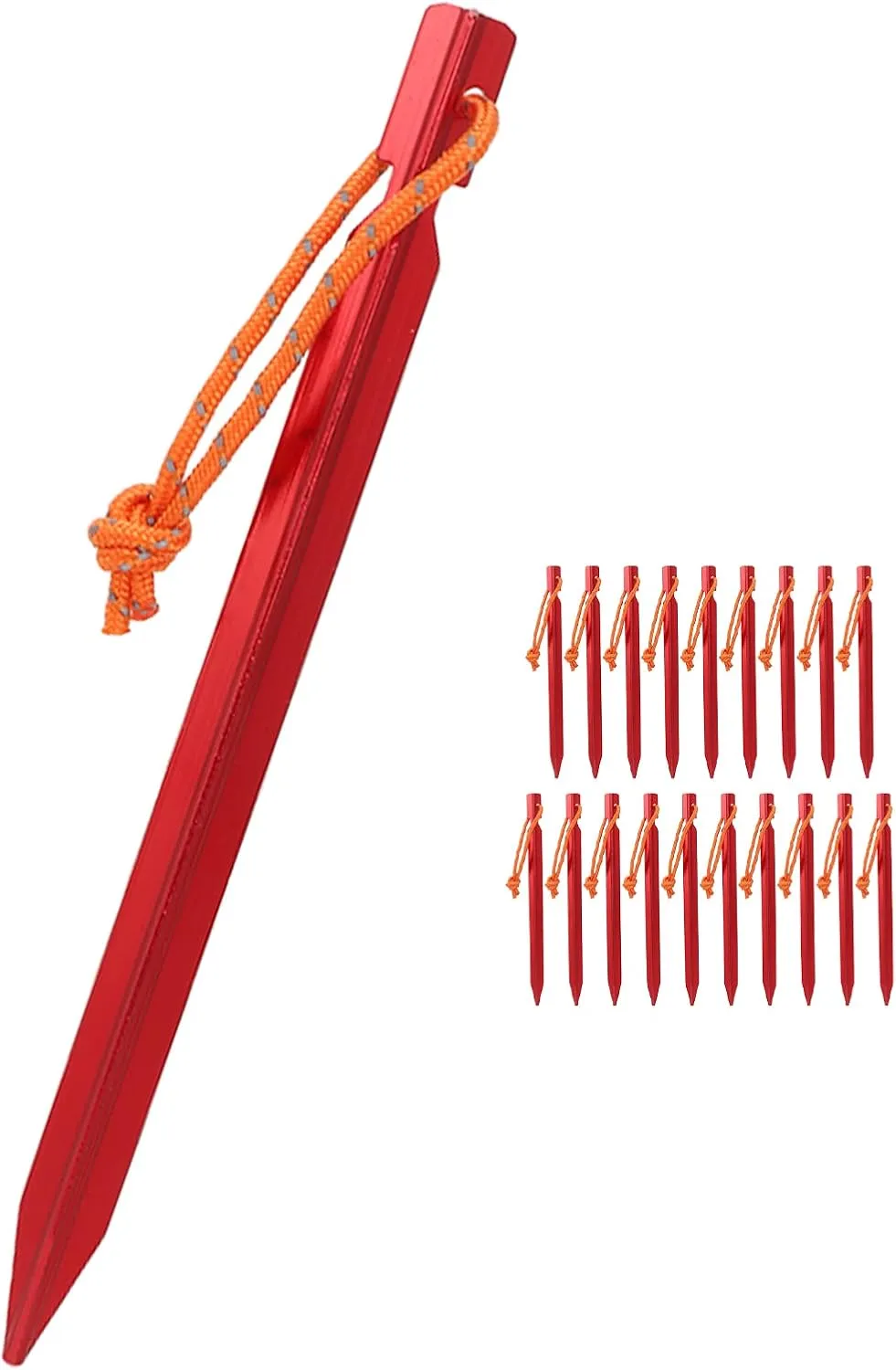 Heavy Duty V Shape Tent Stakes with Ropes, Aluminium Alloy Material, and to Carry, for Outdoor Camping Tent Accessories, Includes 20 Pegs with Storage (Red)