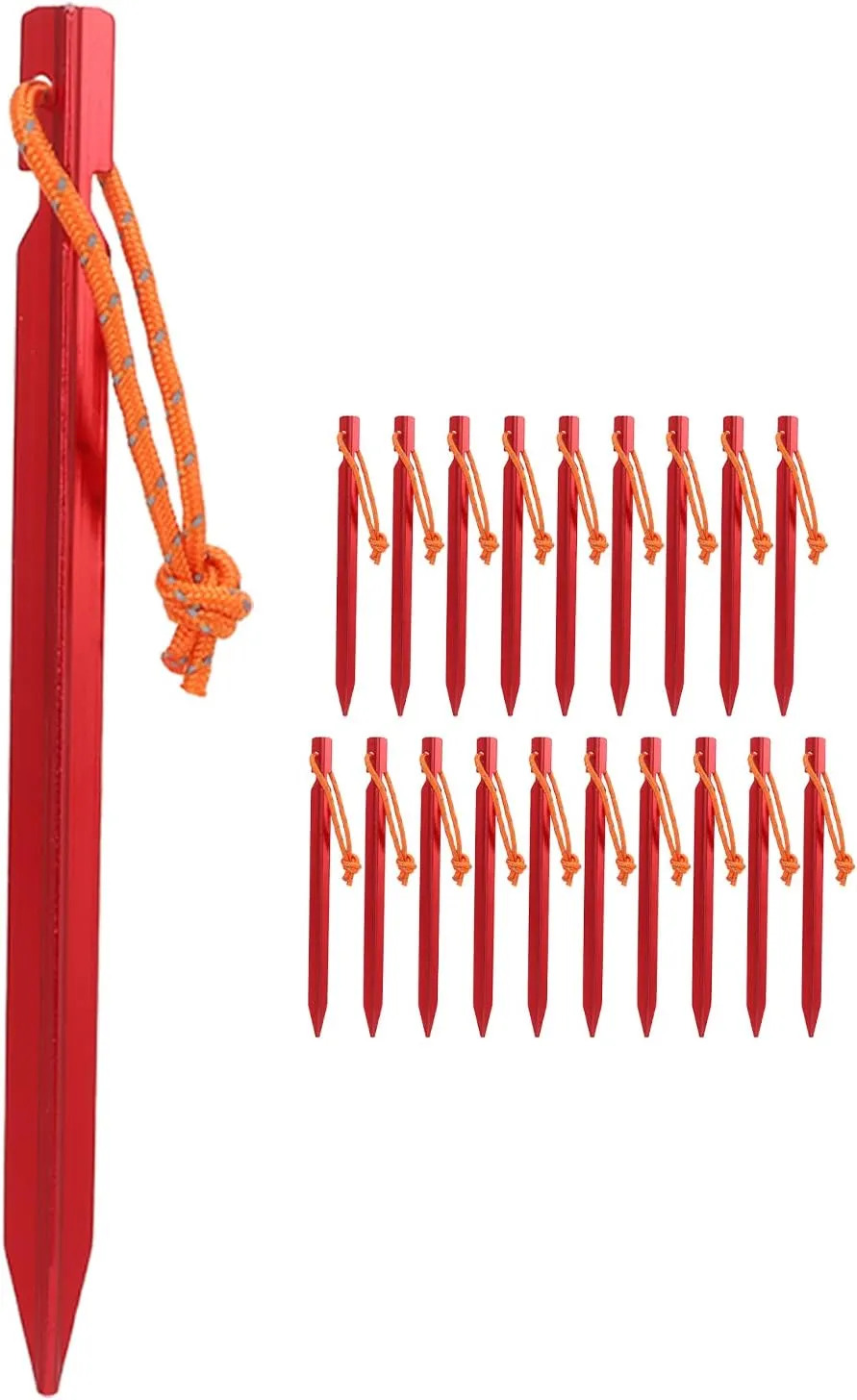 Heavy Duty V Shape Tent Stakes with Ropes, Aluminium Alloy Material, and to Carry, for Outdoor Camping Tent Accessories, Includes 20 Pegs with Storage (Red)