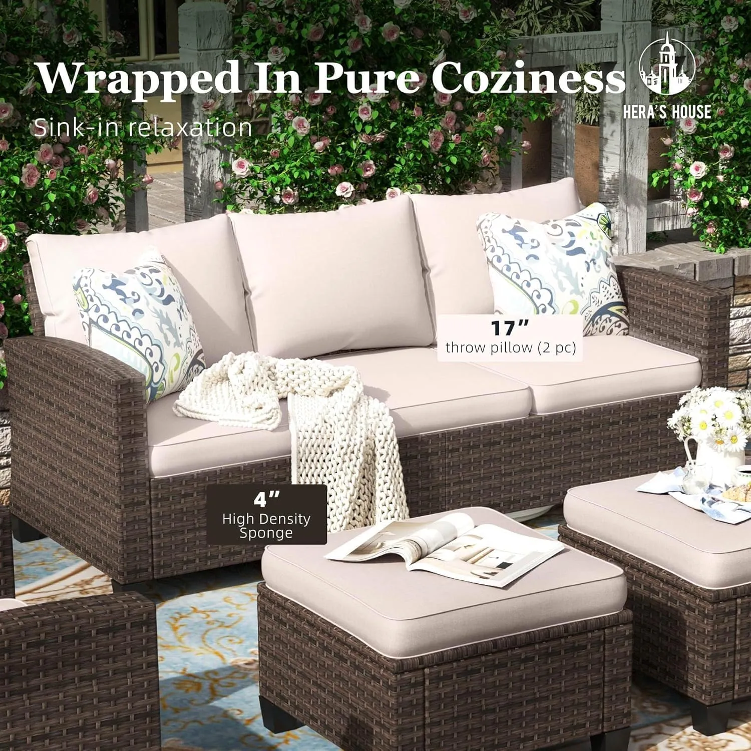 HERA'S HOUSE Patio Furniture Set with 56" Fire Pit Table, Outdoor Patio Conversation Sets, 6 Pieces 7 Seats Wicker Outside Sectional Sofa Set for Lawn Backyard Deck