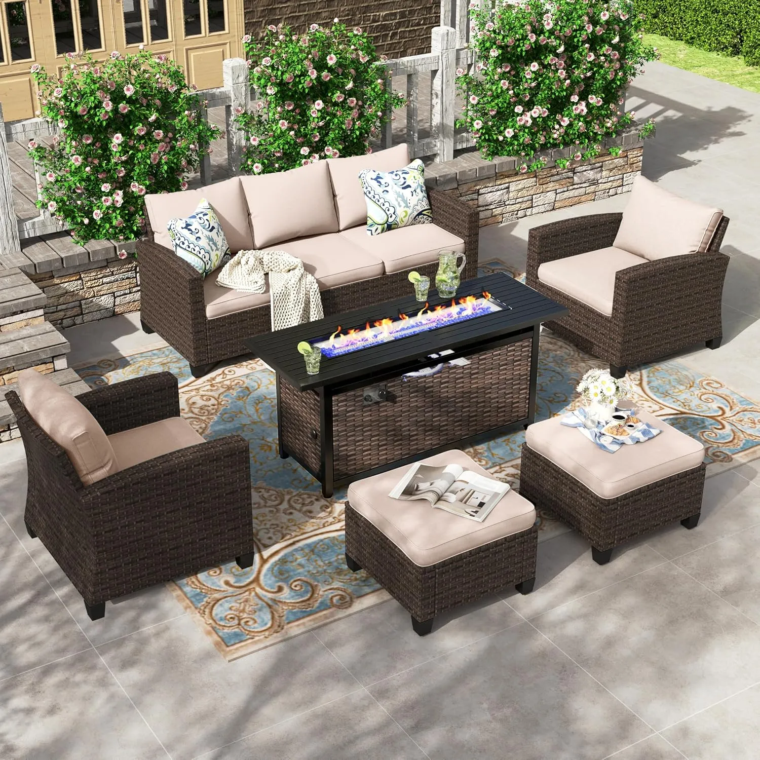 HERA'S HOUSE Patio Furniture Set with 56" Fire Pit Table, Outdoor Patio Conversation Sets, 6 Pieces 7 Seats Wicker Outside Sectional Sofa Set for Lawn Backyard Deck