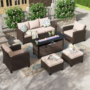 HERA'S HOUSE Patio Furniture Set with 56" Fire Pit Table, Outdoor Patio Conversation Sets, 6 Pieces 7 Seats Wicker Outside Sectional Sofa Set for Lawn Backyard Deck