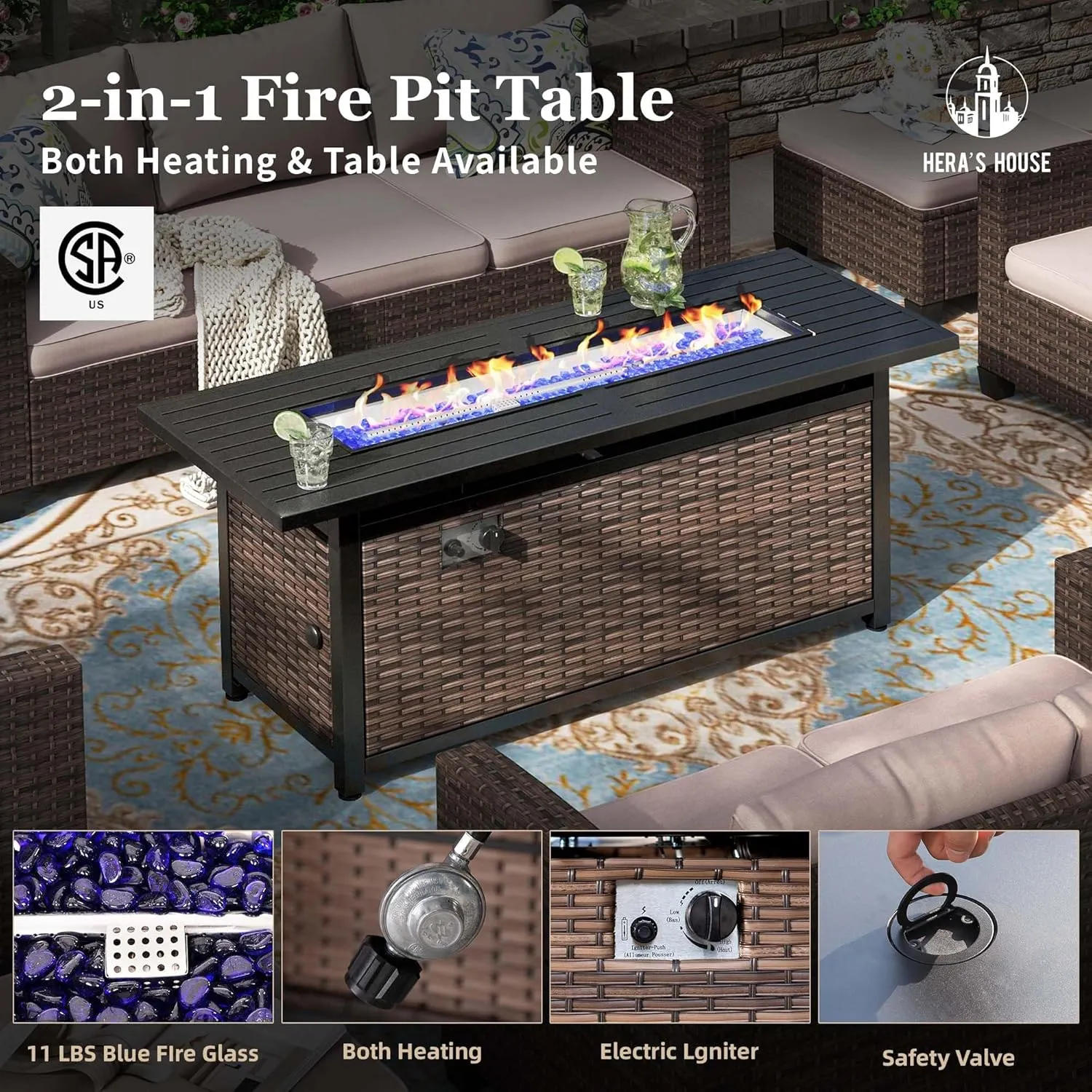 HERA'S HOUSE Patio Furniture Set with 56" Fire Pit Table, Outdoor Patio Conversation Sets, 6 Pieces 7 Seats Wicker Outside Sectional Sofa Set for Lawn Backyard Deck