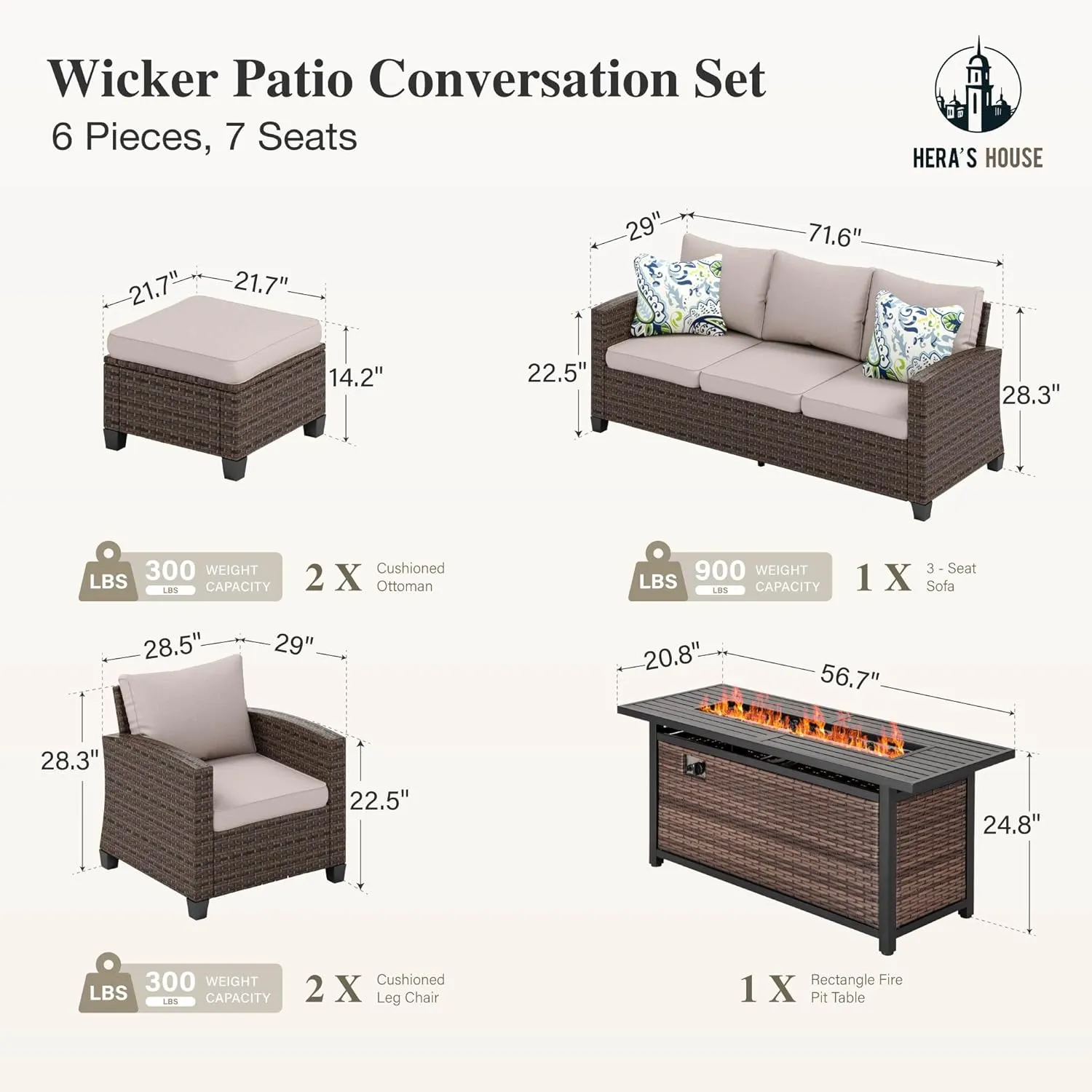 HERA'S HOUSE Patio Furniture Set with 56" Fire Pit Table, Outdoor Patio Conversation Sets, 6 Pieces 7 Seats Wicker Outside Sectional Sofa Set for Lawn Backyard Deck