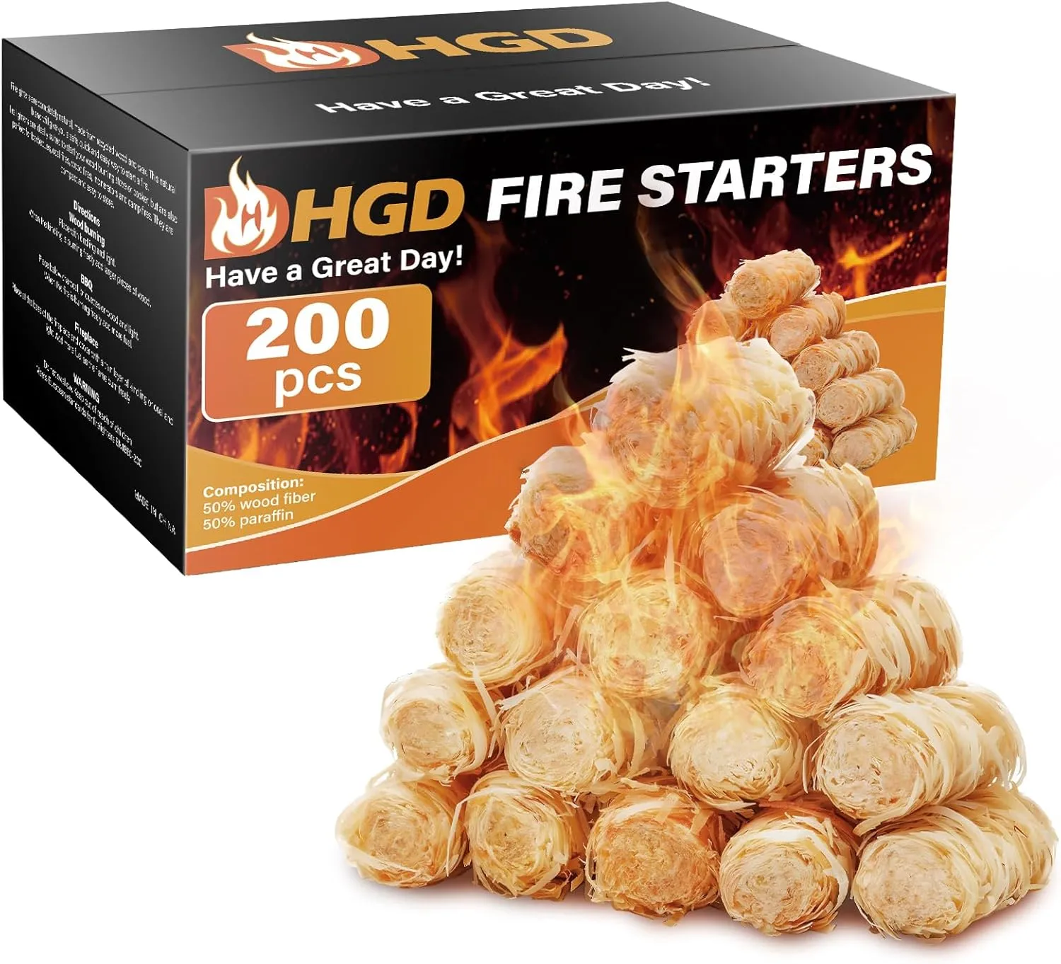 HGD (200pcs) Fire Starters for Campfires, Natural Charcoal Starters,Chimney Starter for Charcoal Grill, Indoor Outdoor Use, Weather-Resistant