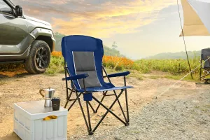 High Back Heavy Duty Lawn Chair – Supports 250lbs, Portable Collapsible Camping Chair with Cup Holder, Navy Blue – Outdoor, Beach, & Backyard (1 Doors)
