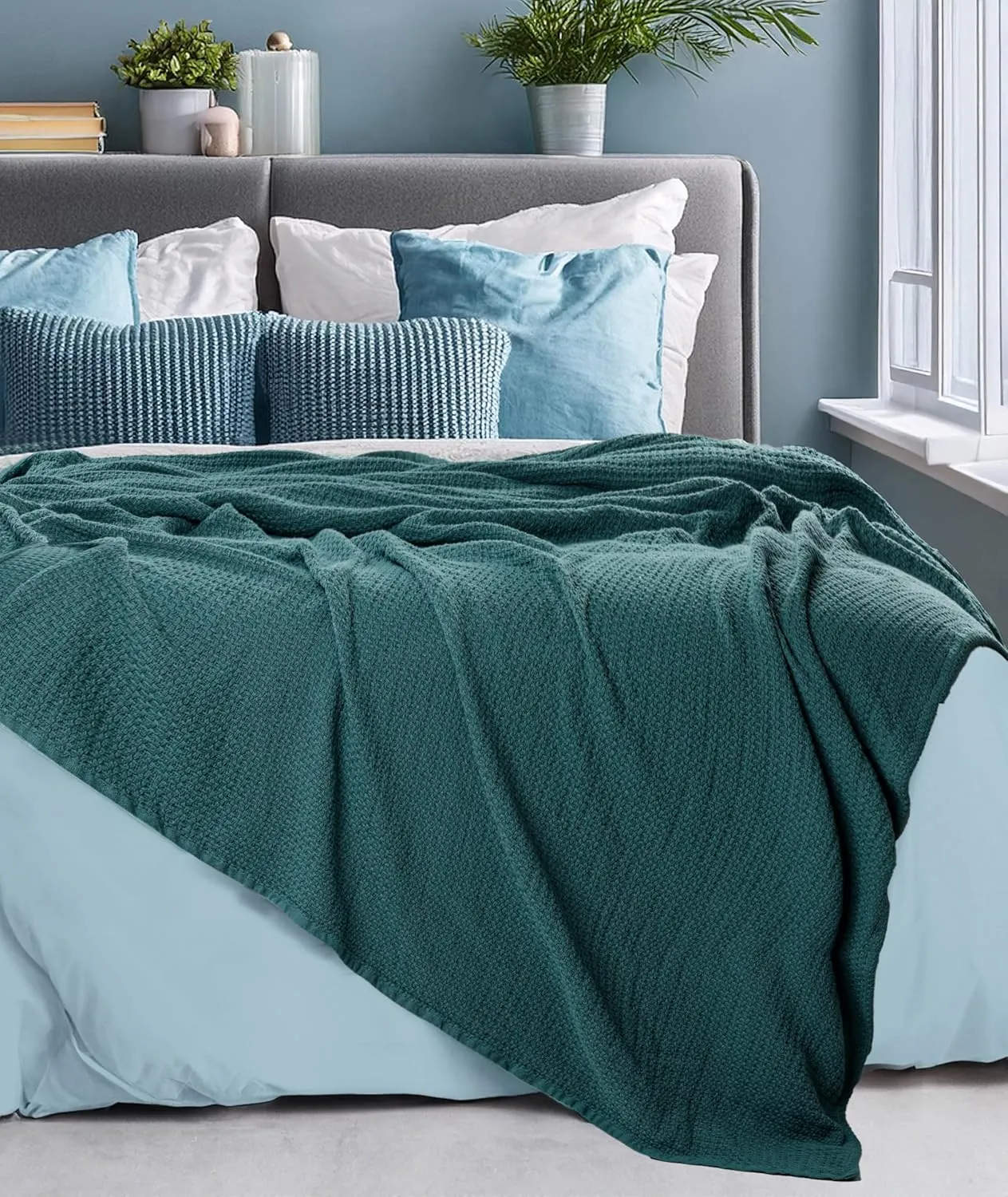 HILLFAIR 100% Cotton Blanket Queen Size for Bed, Soft Lightweight & Breathable Summer Queen Size Cotton Blankets, Premium Cozy Throw Layers for Bed, Couch and Sofa: Wedgewood (90"x90")