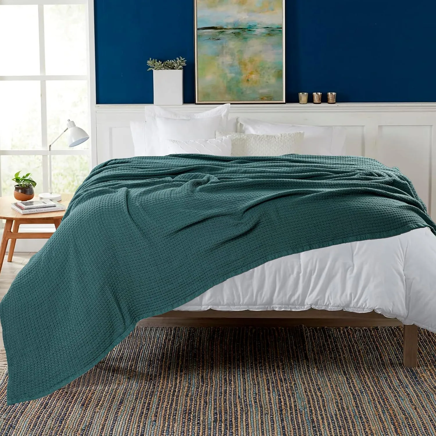 HILLFAIR 100% Cotton Blanket Queen Size for Bed, Soft Lightweight & Breathable Summer Queen Size Cotton Blankets, Premium Cozy Throw Layers for Bed, Couch and Sofa: Wedgewood (90"x90")