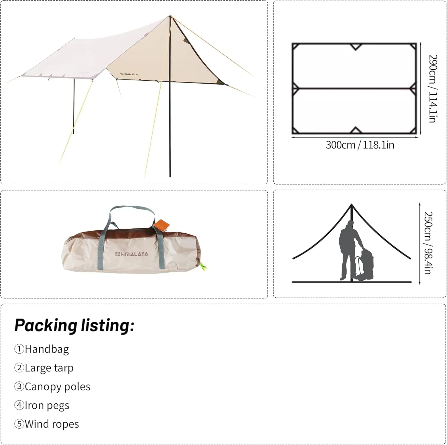 Himalaya Rain Tarp for Camping 4-6 Person Tent Tarp with 2 Poles Canopy Sun Shield Tarp UPF 50  Outdoor Camping Traveling Awning Backpacking (118.1" x 114.1")