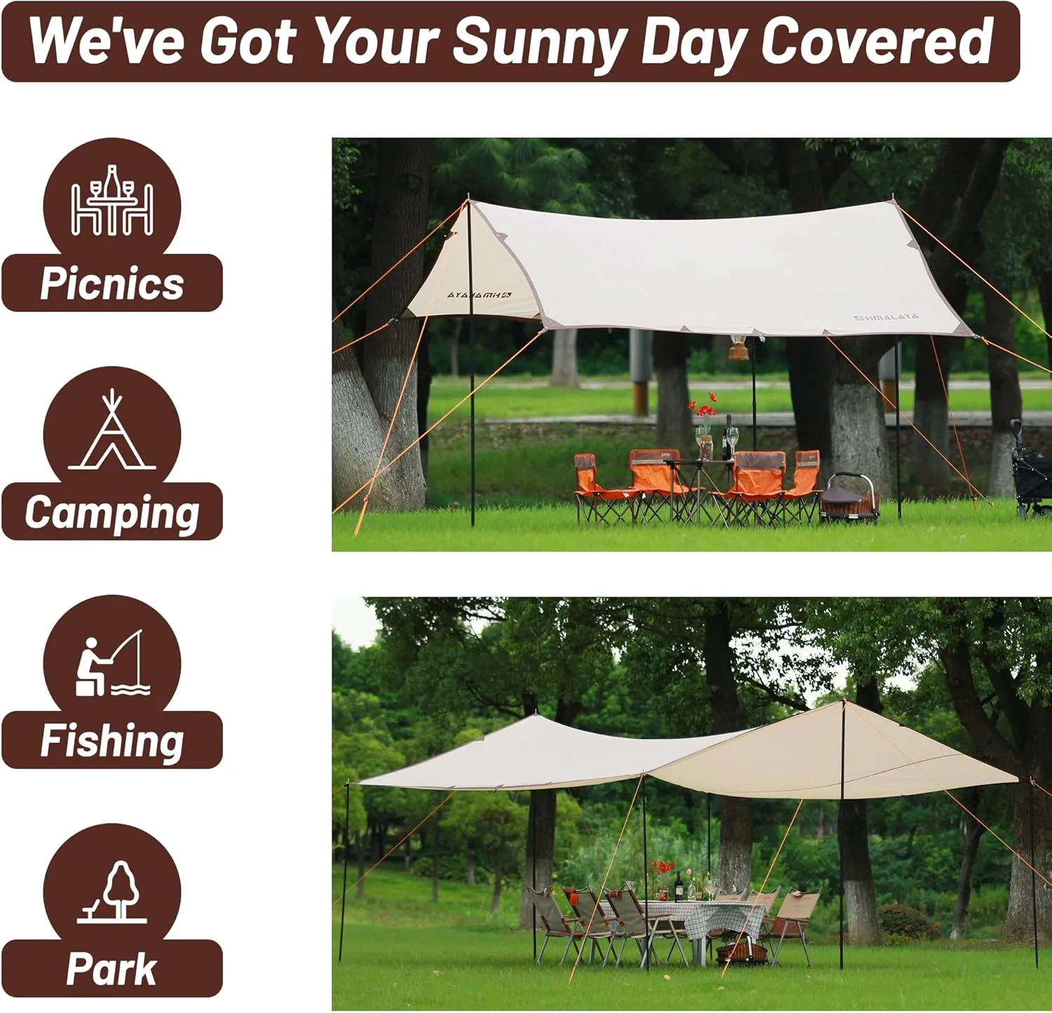 Himalaya Rain Tarp for Camping 4-6 Person Tent Tarp with 2 Poles Canopy Sun Shield Tarp UPF 50  Outdoor Camping Traveling Awning Backpacking (118.1" x 114.1")