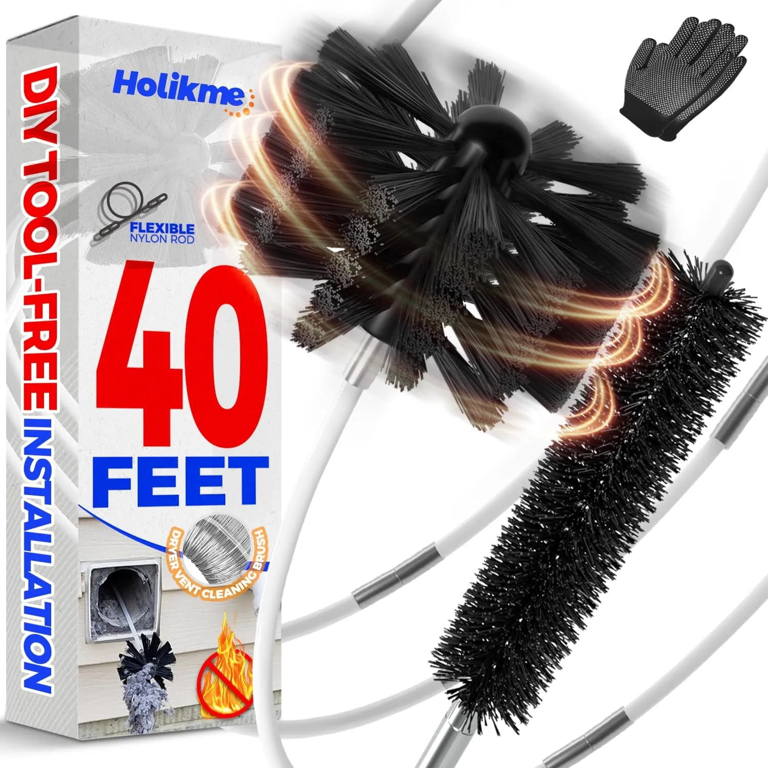 Holikme 40 Feet Dryer Vent Cleaner Kit Flexible Lint Brush with Drill Attachment, Extends Up to 40 Feet for Easy Cleaning, Synthetic Brush Head, Use with or Without a Power Drill