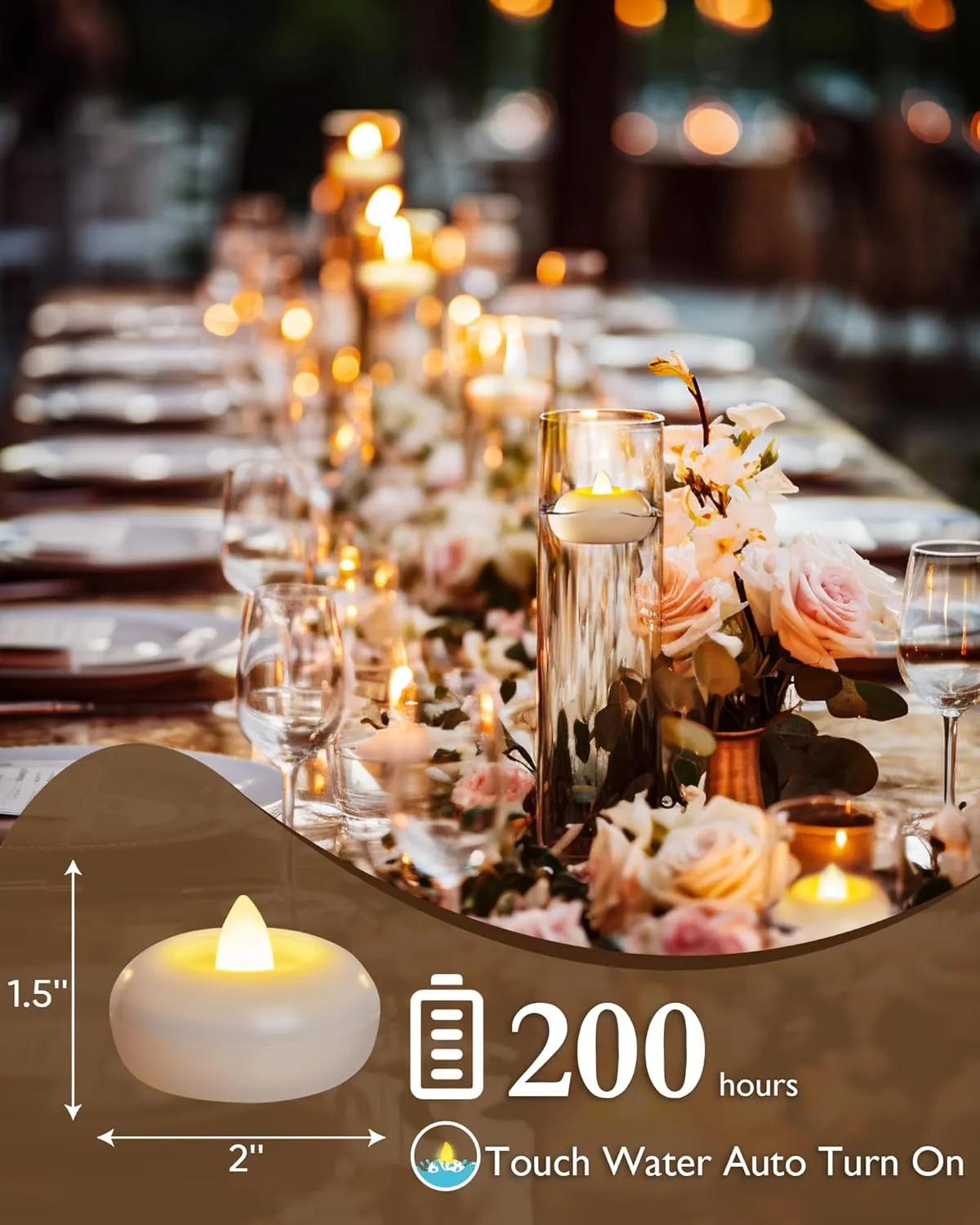 Homemory 2” Flameless Led Floating Candles, 200 Hour Plastic Battery Operated Flickering Waterproof Tealights for Cylinder Vases, Centerpieces at Wedding, Party, Pool, Holiday (12 Pack, White Base)