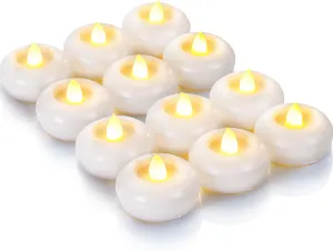 Homemory 2” Flameless Led Floating Candles, 200 Hour Plastic Battery Operated Flickering Waterproof Tealights for Cylinder Vases, Centerpieces at Wedding, Party, Pool, Holiday (12 Pack, White Base)