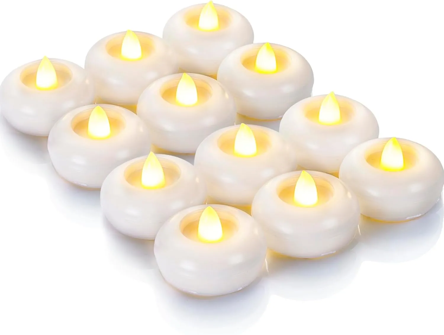 Homemory 2” Flameless Led Floating Candles, 200 Hour Plastic Battery Operated Flickering Waterproof Tealights for Cylinder Vases, Centerpieces at Wedding, Party, Pool, Holiday (12 Pack, White Base)