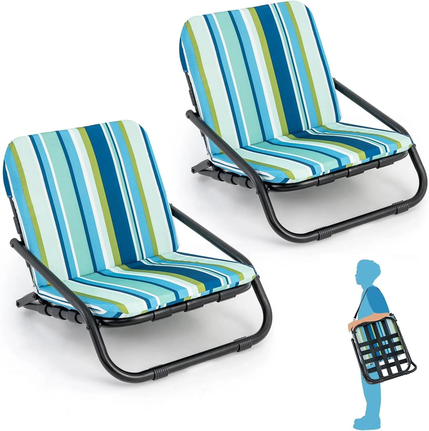 HOMGX Low Beach Chairs for Adults, Set of 2 Folding Backpack Chair with Aluminum Frame, Quick-Dry Cushion & Shoulder Strap, Lightweight Portable Camping Chair for Outdoors, Picnic & Travel (1)