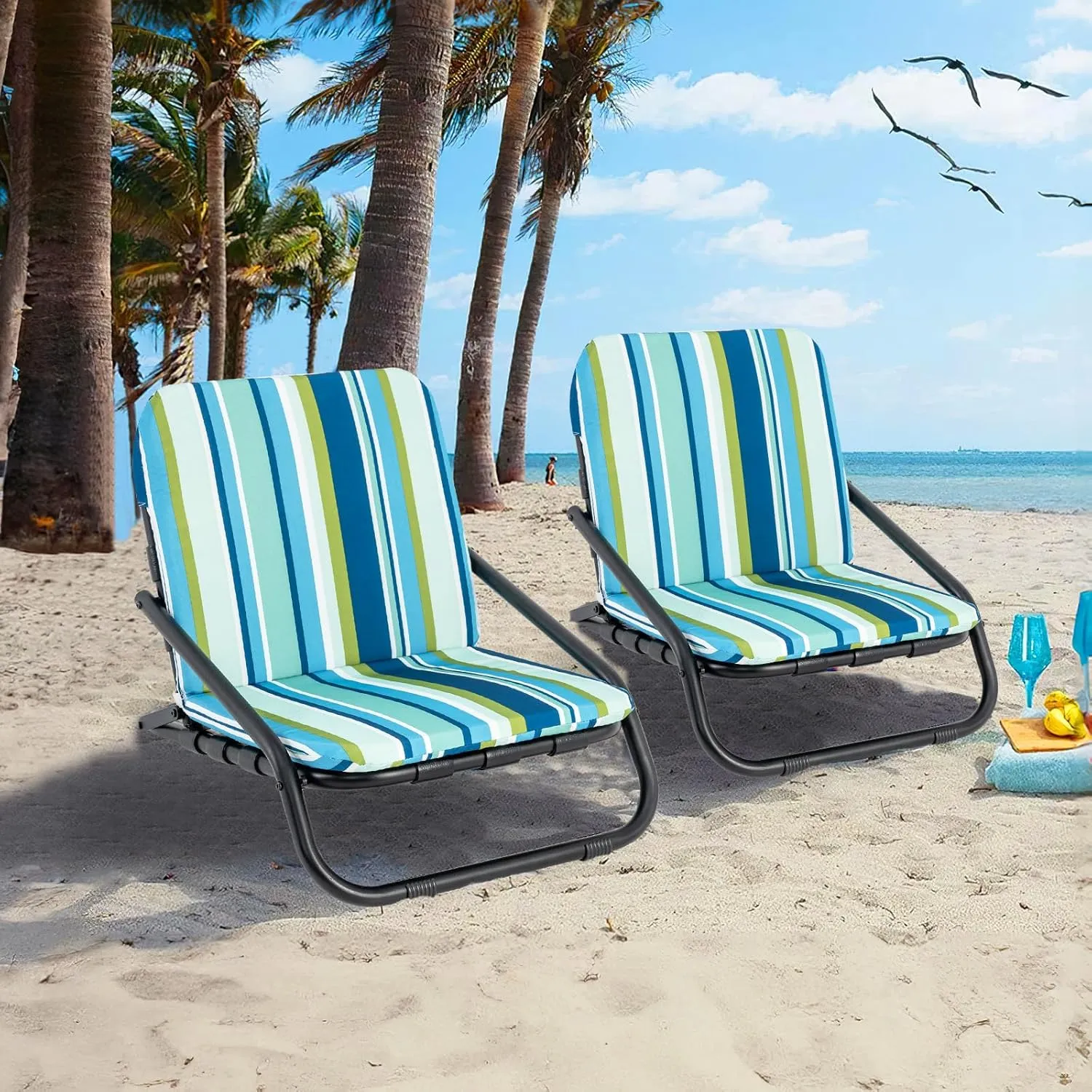 HOMGX Low Beach Chairs for Adults, Set of 2 Folding Backpack Chair with Aluminum Frame, Quick-Dry Cushion & Shoulder Strap, Lightweight Portable Camping Chair for Outdoors, Picnic & Travel (1)