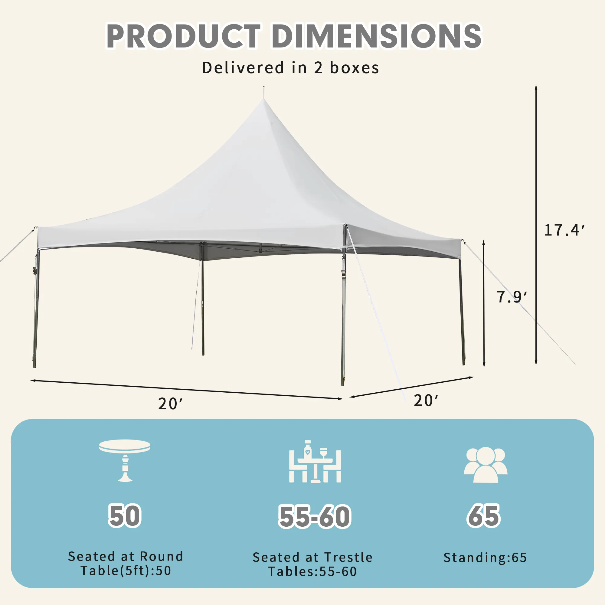 HOMREST 20x20ft Party Tent Outdoor Wedding Tent Heavy Duty Peaked Frame Canopy With Fire Retardant PVC Top 80 Person Capacity Gazebo Shelter Tent For Event Commercials White