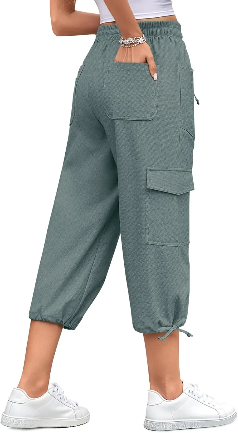 HOTGIFT Women Capris Cargo Pants 2025 Summer Hiking Pants Casual Lightweight Outdoor Quick Dry with 6 Pockets