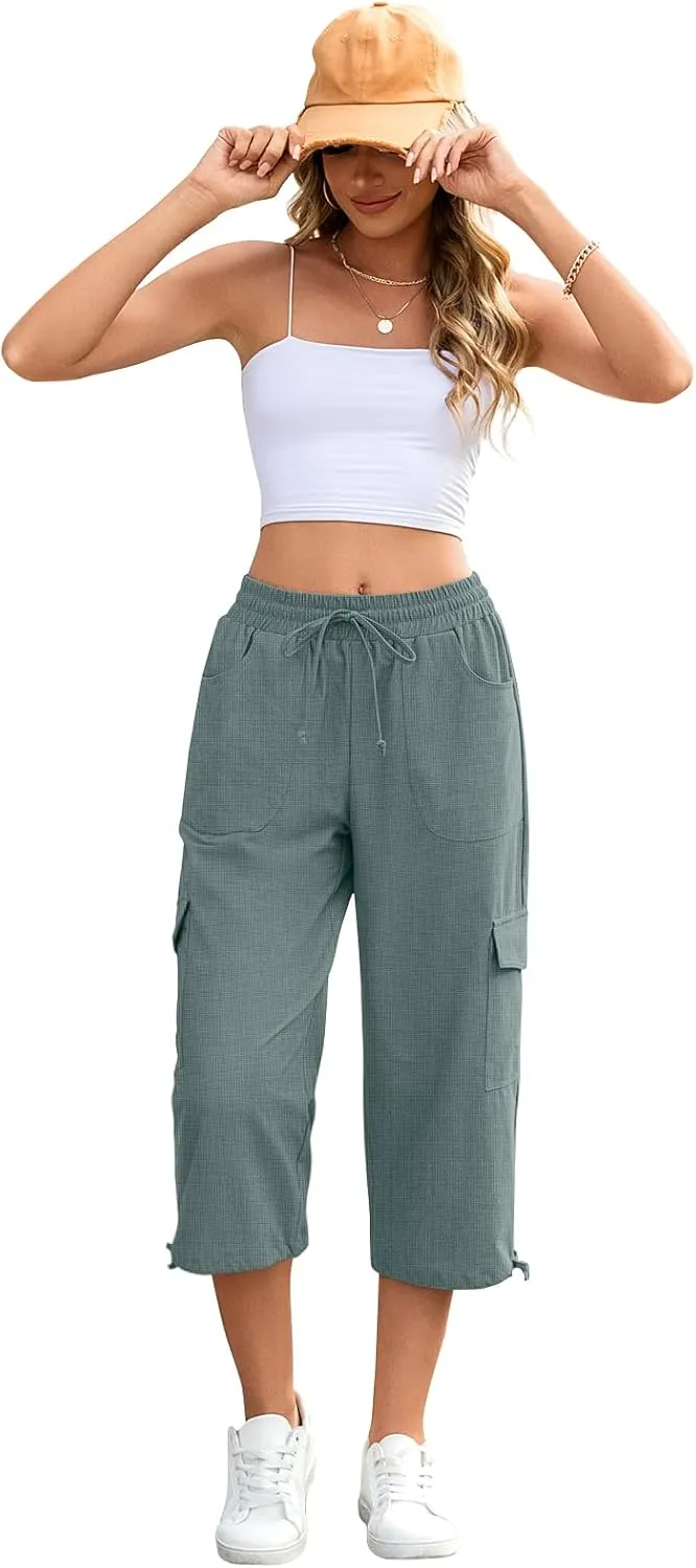 HOTGIFT Women Capris Cargo Pants 2025 Summer Hiking Pants Casual Lightweight Outdoor Quick Dry with 6 Pockets