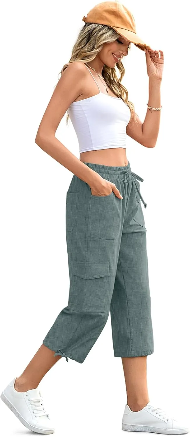HOTGIFT Women Capris Cargo Pants 2025 Summer Hiking Pants Casual Lightweight Outdoor Quick Dry with 6 Pockets