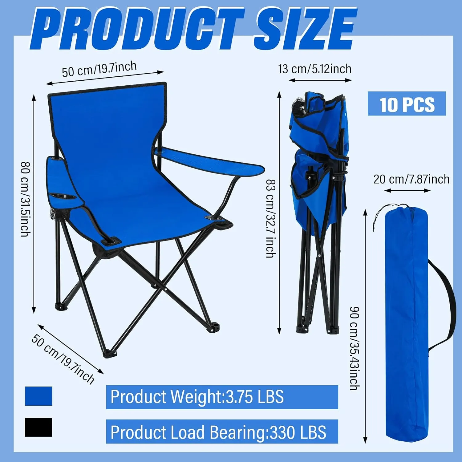 Huwena 10 Pack Folding Camping Chairs Bulk with Carrying Bag Outdoor Portable Lawn Lightweight Collapsible Beach Chairs with Mesh Cup Holder for Fishing, Picnic, Travel, Hunting, Hiking(Blue)