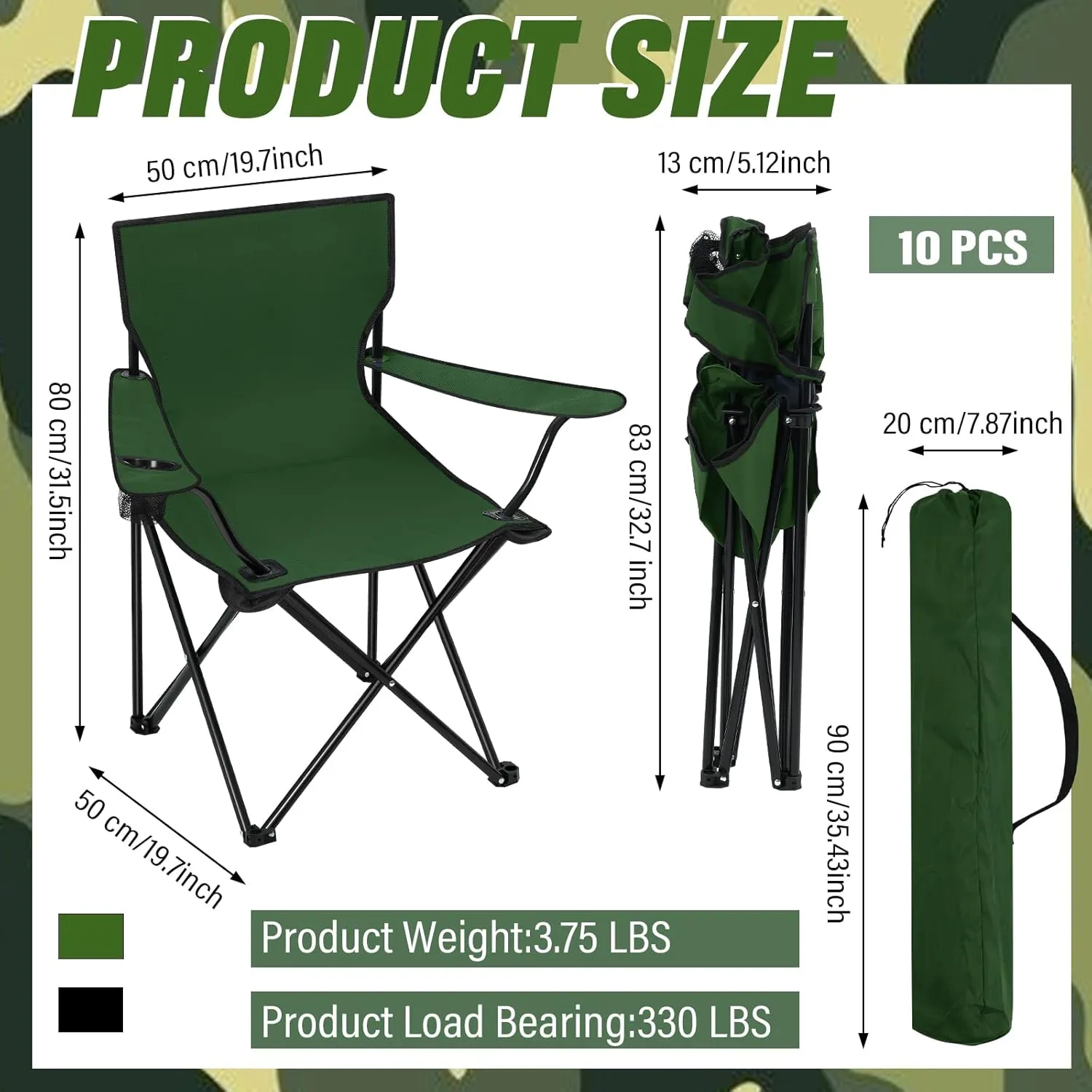 Huwena 10 Pack Folding Camping Chairs Bulk with Carrying Bag Outdoor Portable Lawn Lightweight Collapsible Beach Chairs with Mesh Cup Holder for Fishing, Picnic, Travel, Hunting, Hiking(Green)