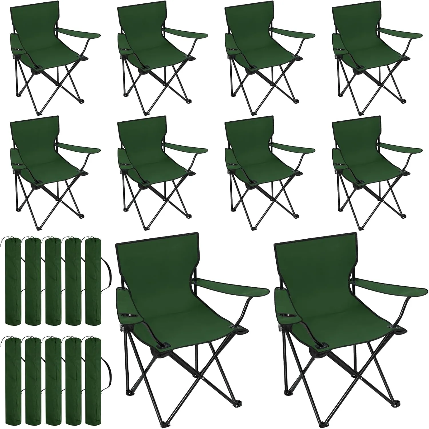 Huwena 10 Pack Folding Camping Chairs Bulk with Carrying Bag Outdoor Portable Lawn Lightweight Collapsible Beach Chairs with Mesh Cup Holder for Fishing, Picnic, Travel, Hunting, Hiking(Green)