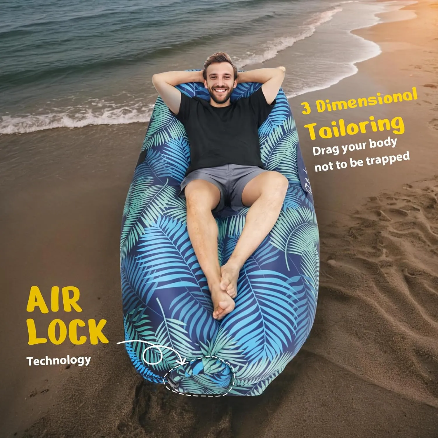 Inflatable Lounger Ergonomic Air Sofa Couch, Portable Beach & Camping Chair, Water Proof Couch for Picnics Hiking Outdoor Music Festivals, Lightweight and Easy Setup (Tropical Jungle)