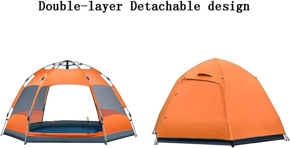 Instant Pop Up Tents, 3-4 People Double-Layer Hexagonal Camping Tent with Double Door Screens Sunscreen Breathable, for Hiking Outdoor Travel Orange