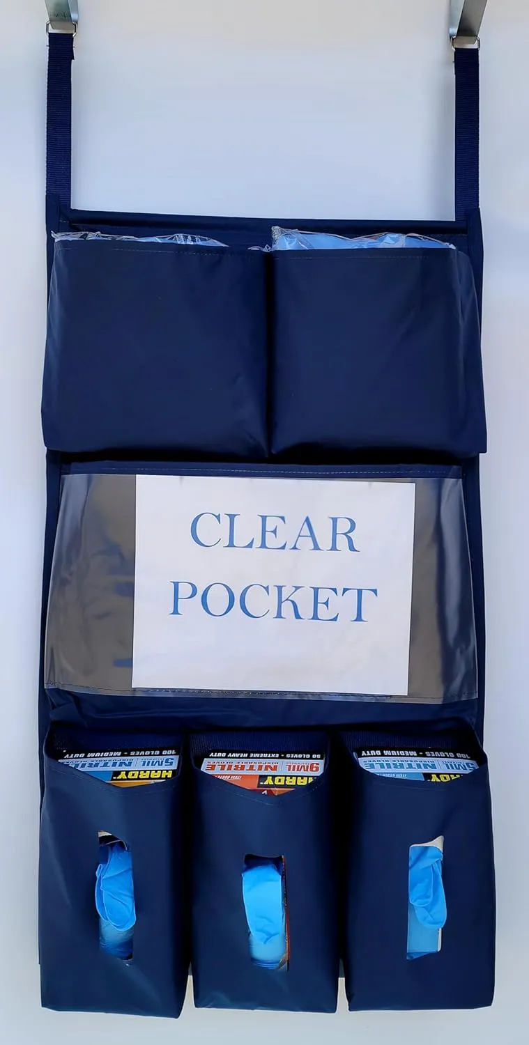 It's Sew EZ Personal Protection Equipment (PPE) Isolation Door Caddy - 6 Pockets - NFPA-701 Fire Retardant Nylon Oxford with Two Stainless Steel Hooks included (Navy, 6 pockets)