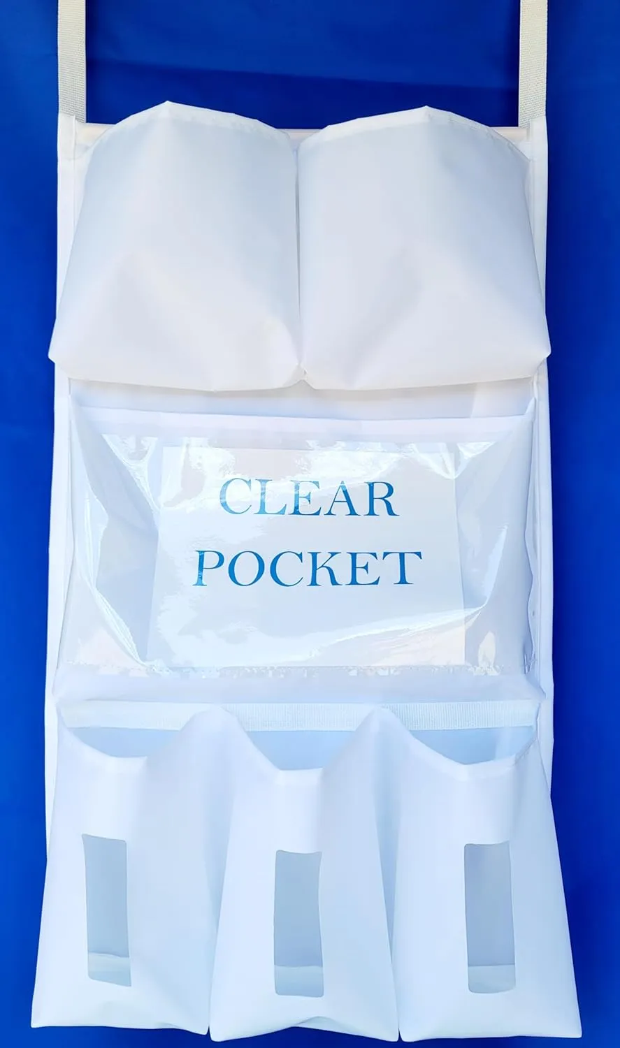It's Sew EZ Personal Protection Equipment (PPE) Isolation Door Caddy - 6 Pockets - NFPA-701 Fire Retardant Nylon Oxford with Two Stainless Steel Hooks included (White, 6 pockets)