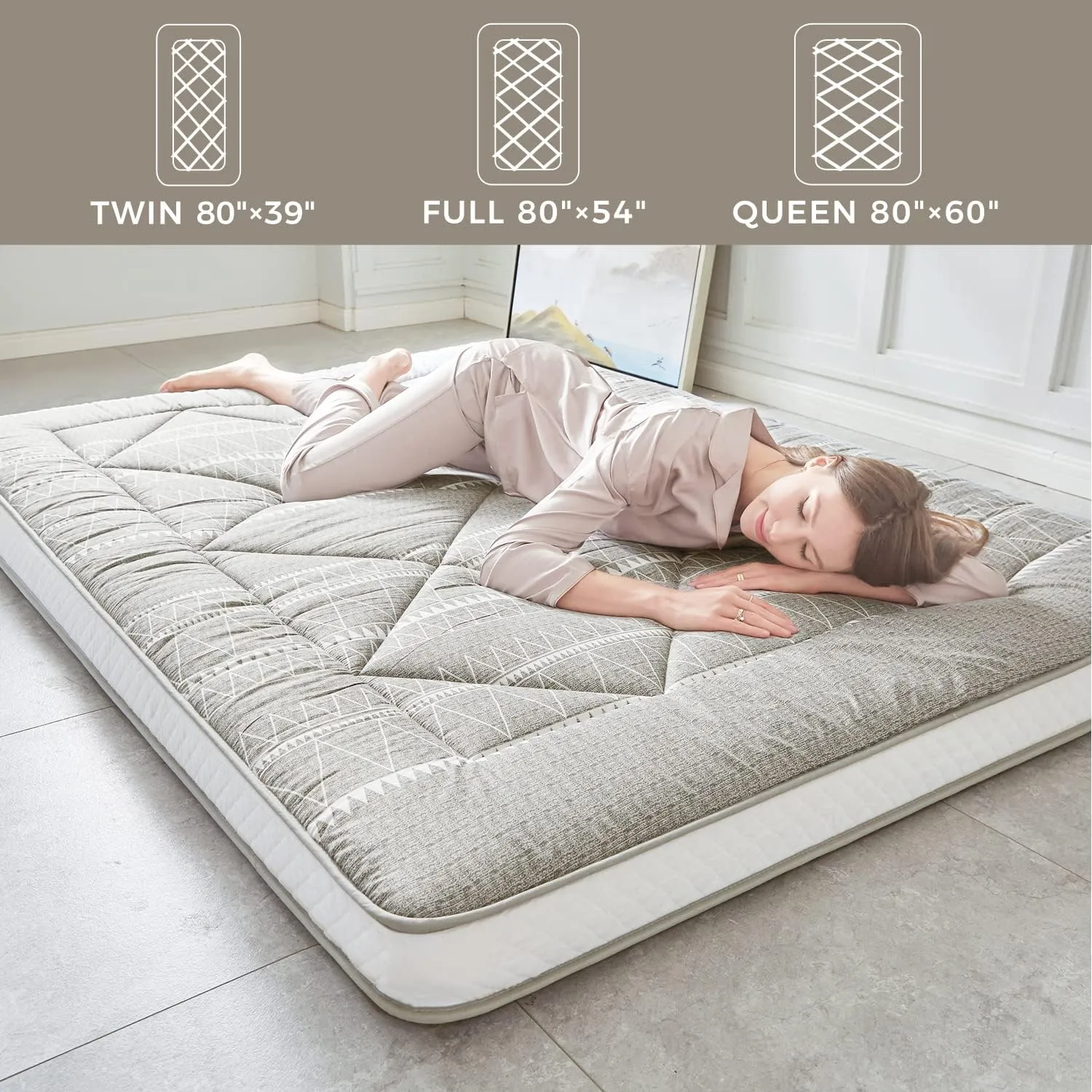 Japanese Floor Mattress, Thicken Foldable & Portable Roll up Camping Mattress, Bohemia Grey Queen