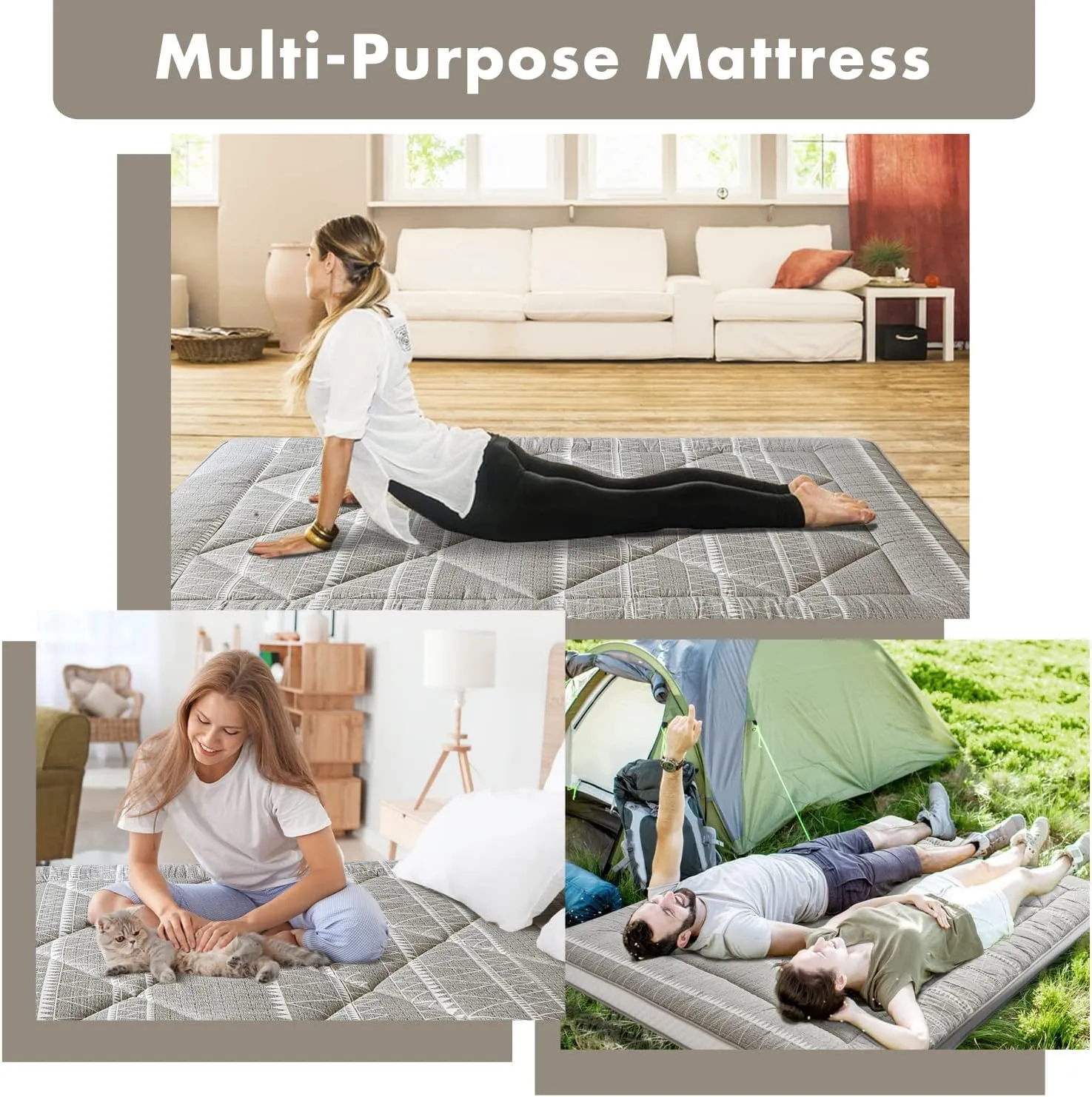 Japanese Floor Mattress, Thicken Foldable & Portable Roll up Camping Mattress, Bohemia Grey Queen